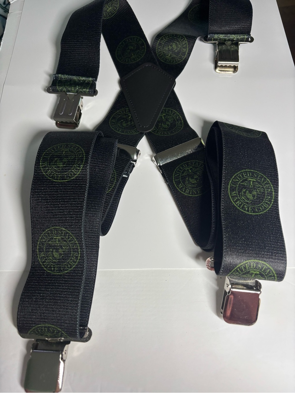 USMC Eagle Globe Anchor Suspenders Black Elastic Clip-On Braces
